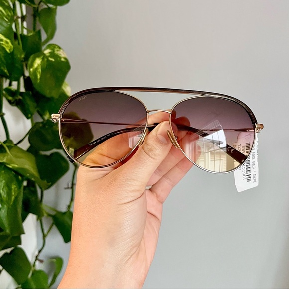 Tod’s Leather Frame Gold & Brown Aviator Sunglasses - Picture 1 of 16